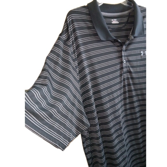 UNDER ARMOUR XXL Polo Heat Gear Dry Shirt Black Grey Striped Golf Preppy Dad Men - Picture 2 of 8
